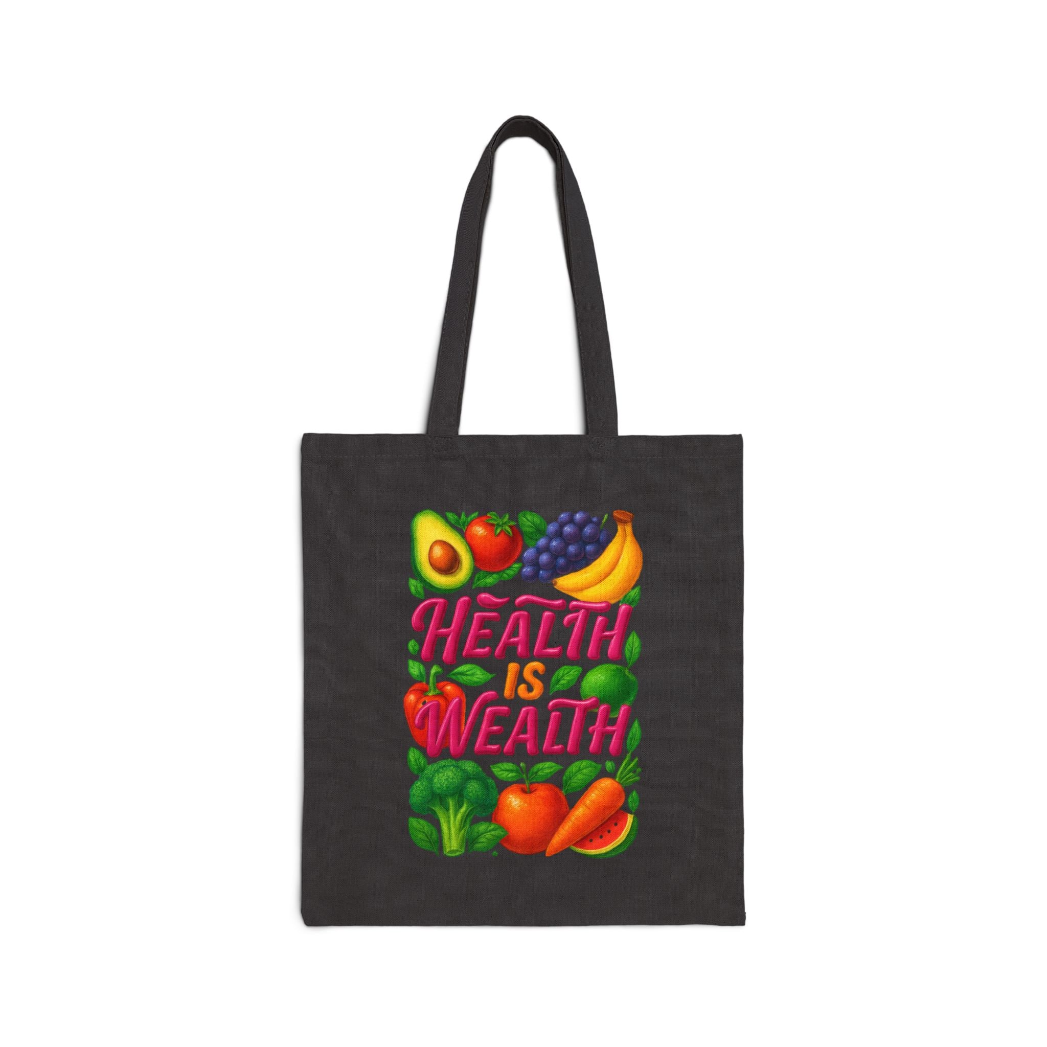 Health Is Wealth Canvas Tote Bag — Fruit & Veggie Eco Grocery Market Tote