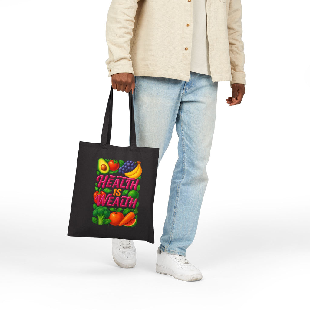 Health Is Wealth Canvas Tote Bag — Fruit & Veggie Eco Grocery Market Tote