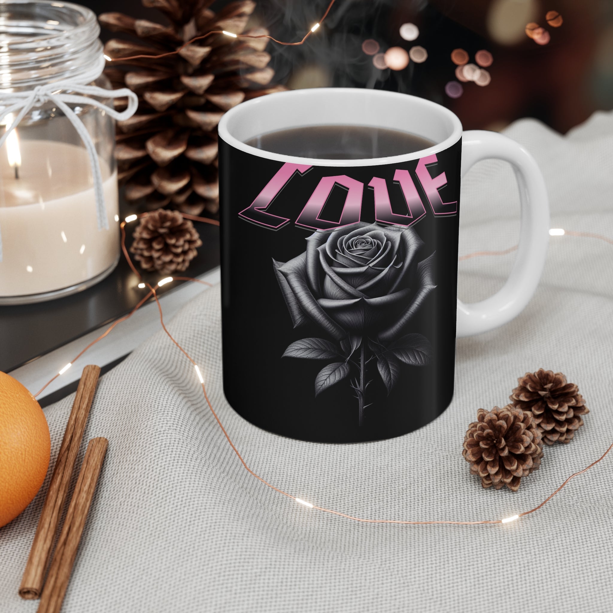 Love Rose Mug — Gothic Pink Script 11oz Coffee Cup