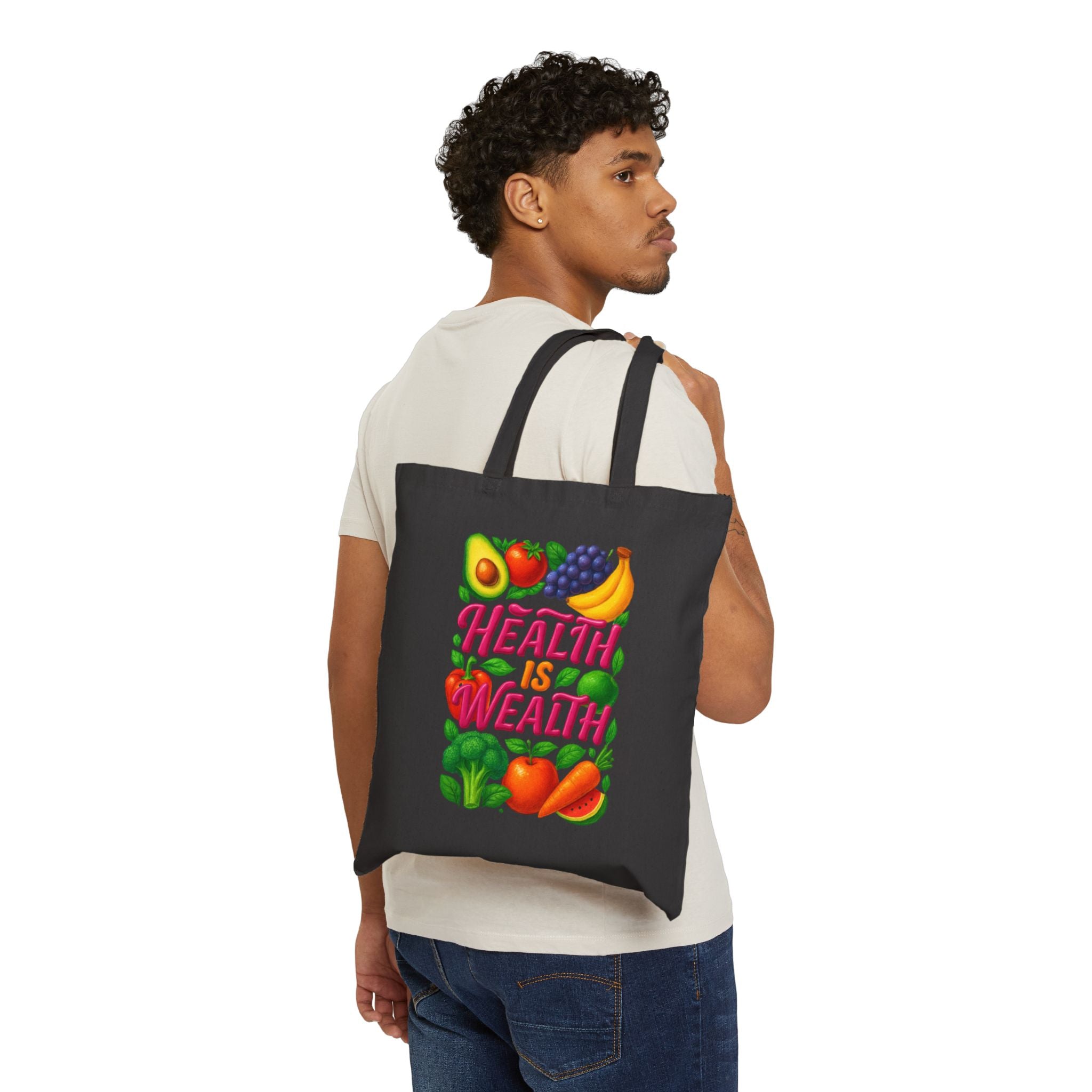 Health Is Wealth Canvas Tote Bag — Fruit & Veggie Eco Grocery Market Tote