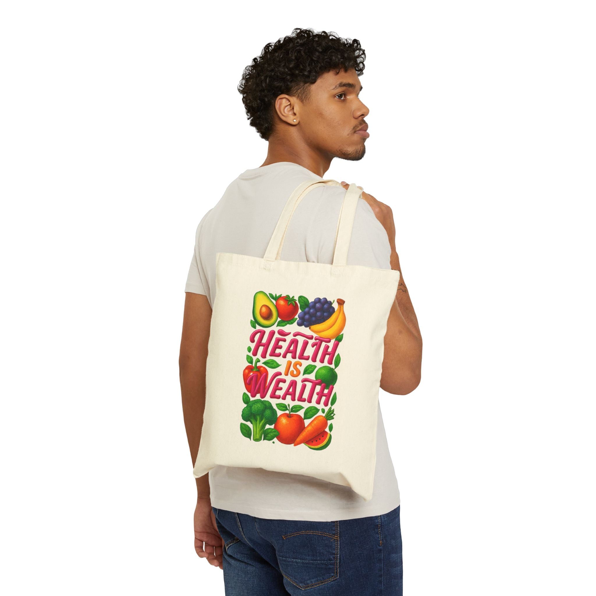 Health Is Wealth Canvas Tote Bag — Fruit & Veggie Eco Grocery Market Tote