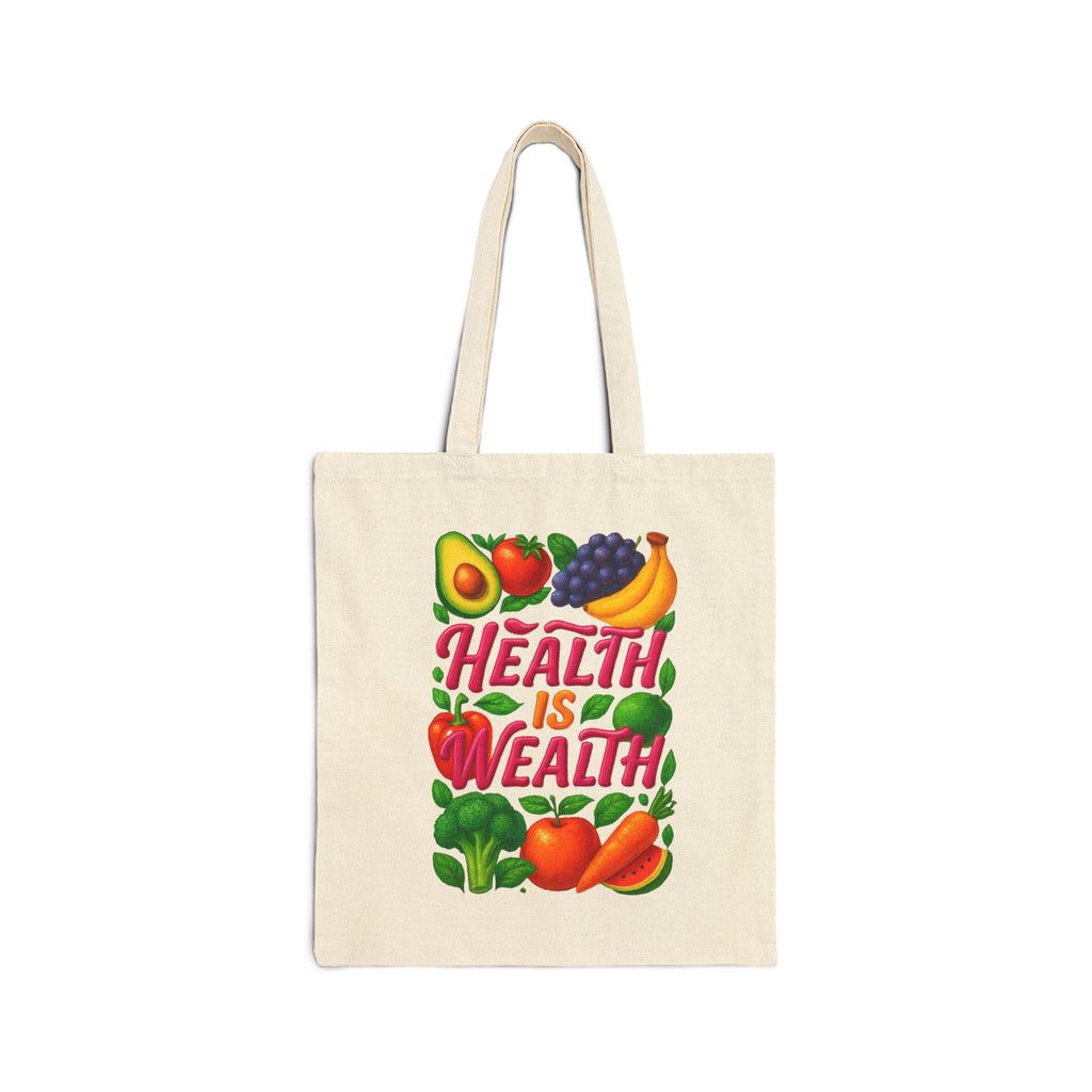 Health Is Wealth Canvas Tote Bag — Fruit & Veggie Eco Grocery Market Tote