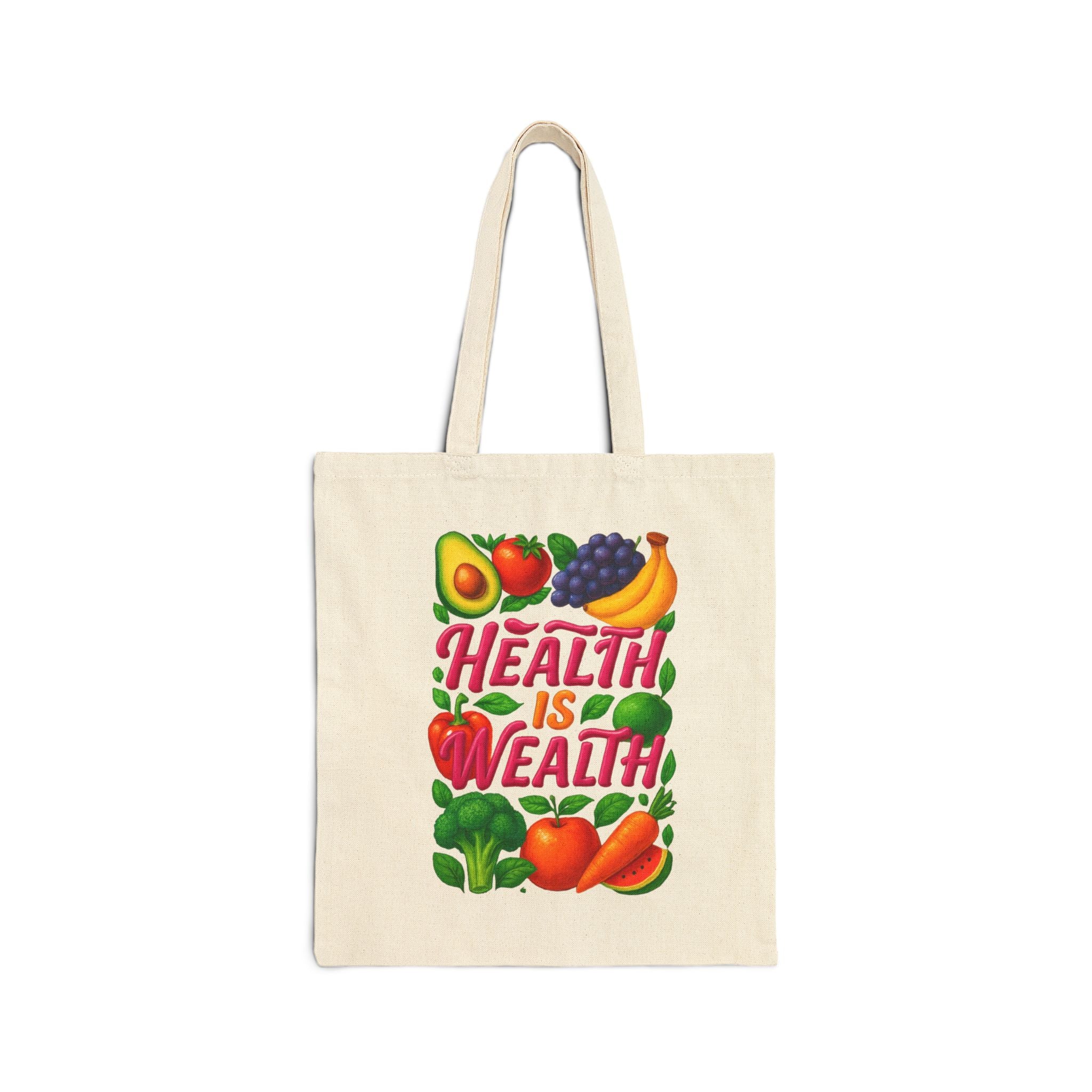 Health Is Wealth Canvas Tote Bag — Fruit & Veggie Eco Grocery Market Tote