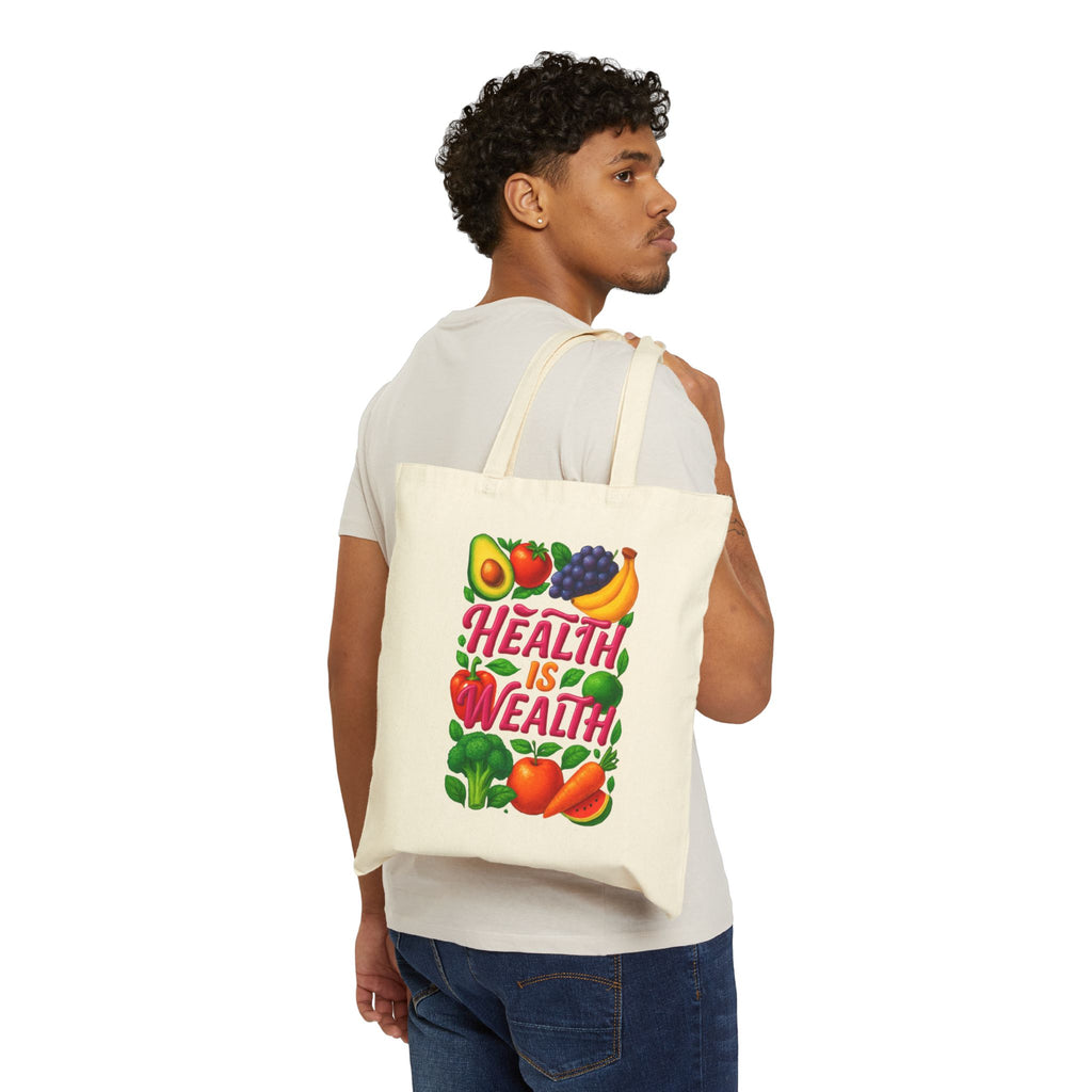 Health Is Wealth Canvas Tote Bag — Fruit & Veggie Eco Grocery Market Tote