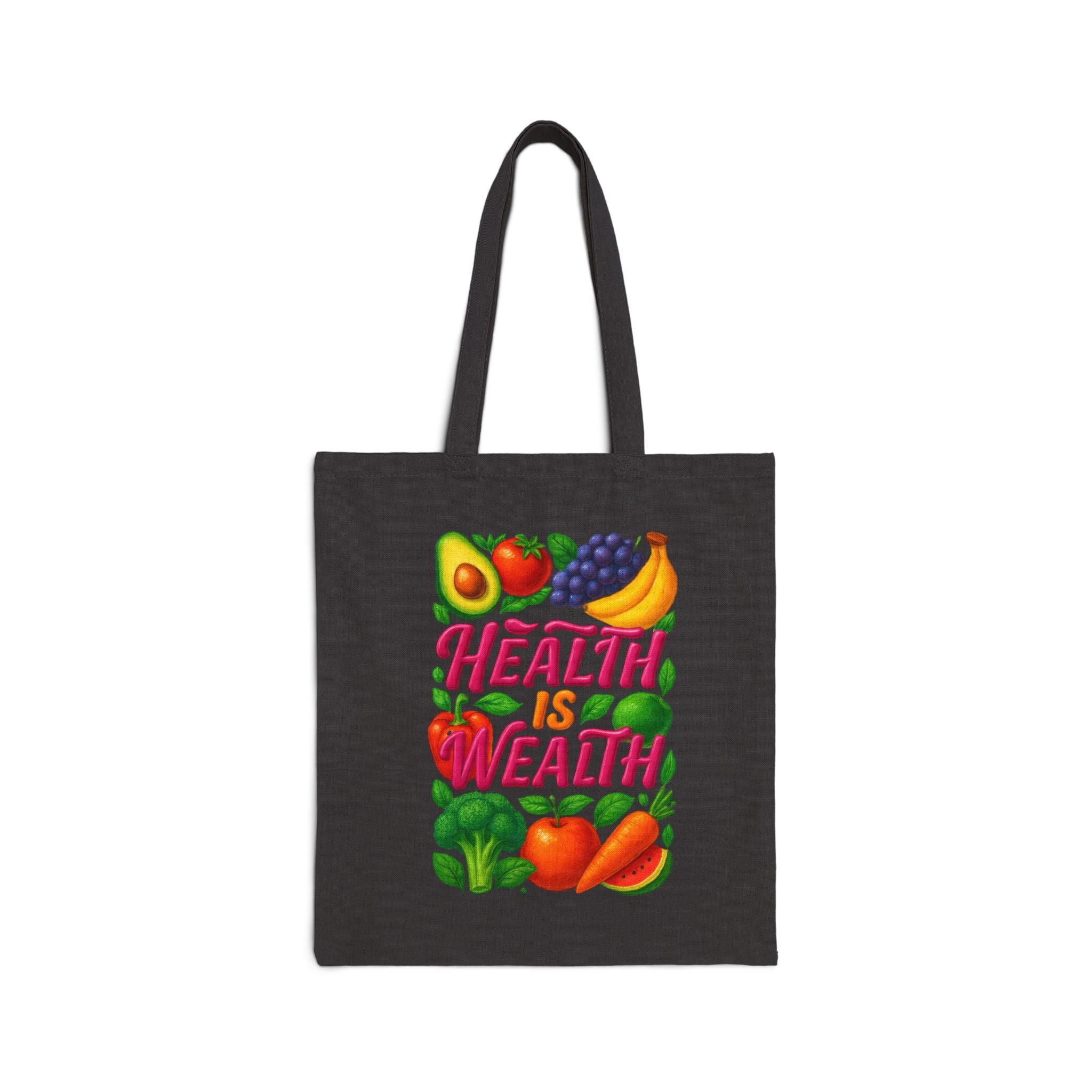 Health Is Wealth Canvas Tote Bag — Fruit & Veggie Eco Grocery Market Tote