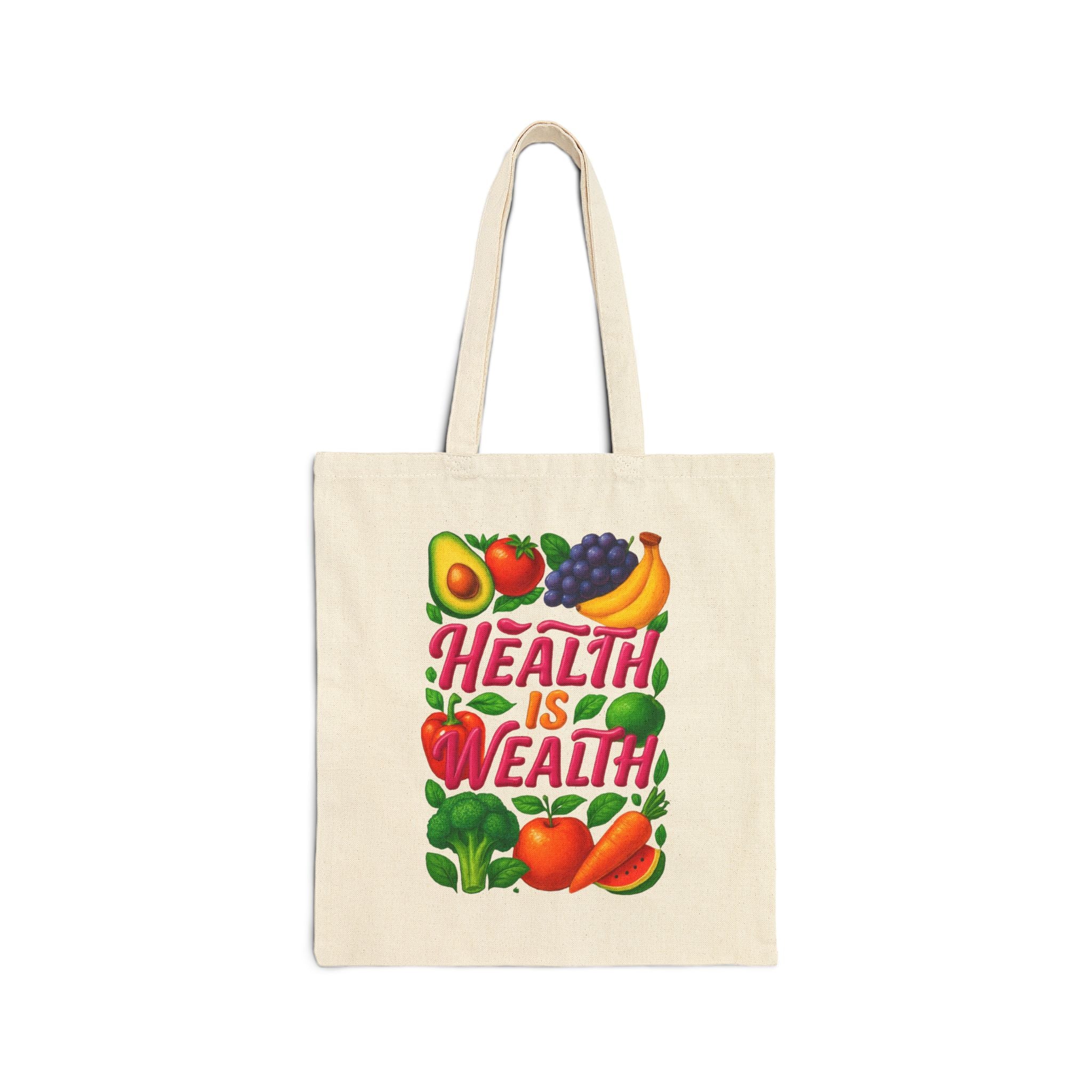 Health Is Wealth Canvas Tote Bag — Fruit & Veggie Eco Grocery Market Tote