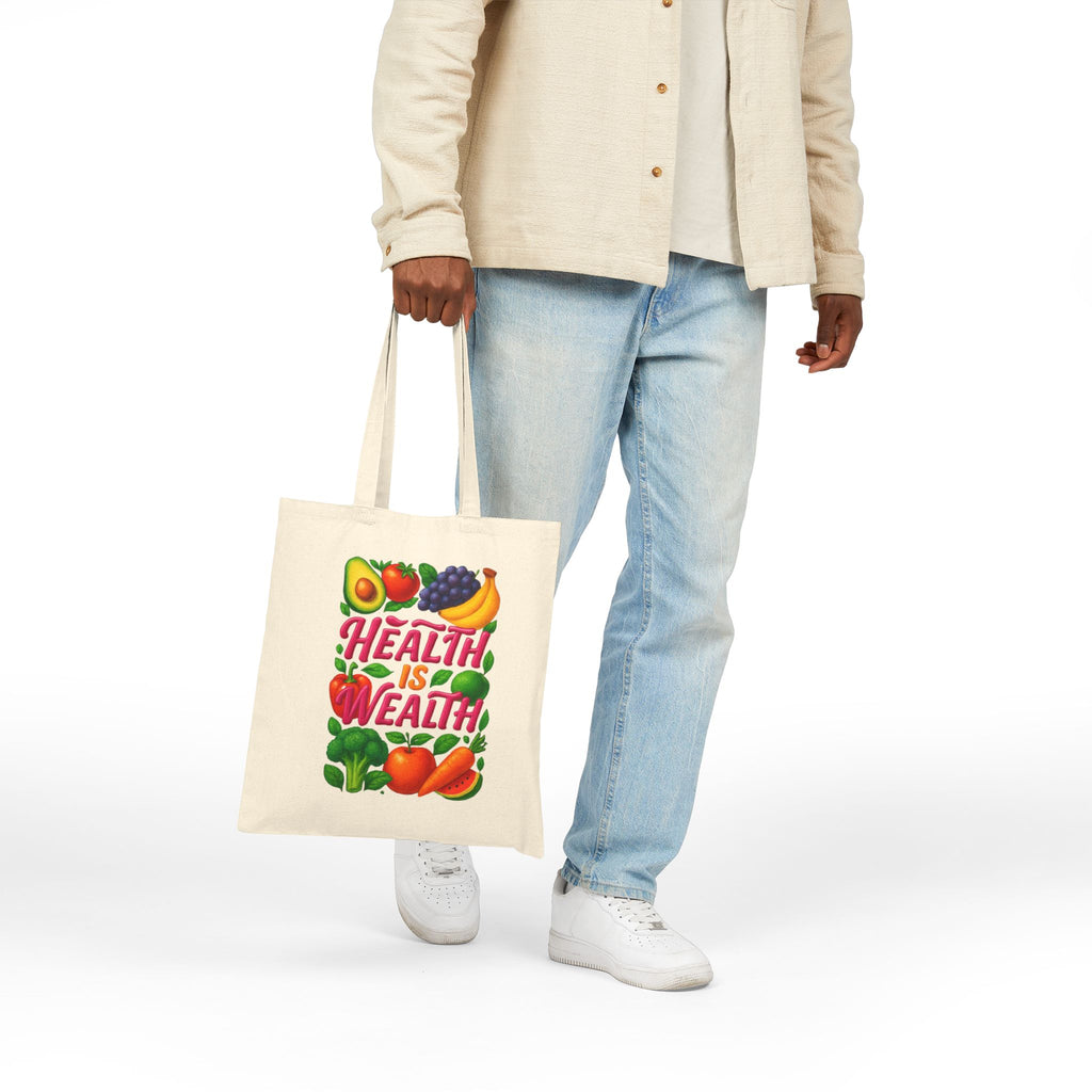 Health Is Wealth Canvas Tote Bag — Fruit & Veggie Eco Grocery Market Tote