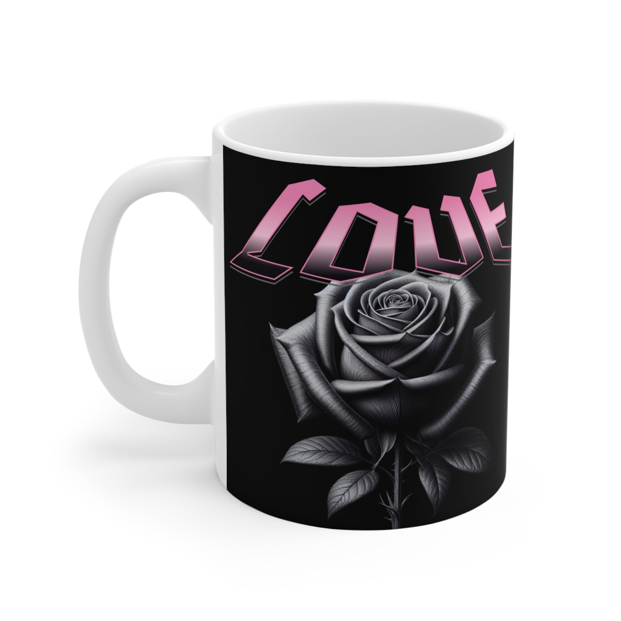 Love Rose Mug — Gothic Pink Script 11oz Coffee Cup