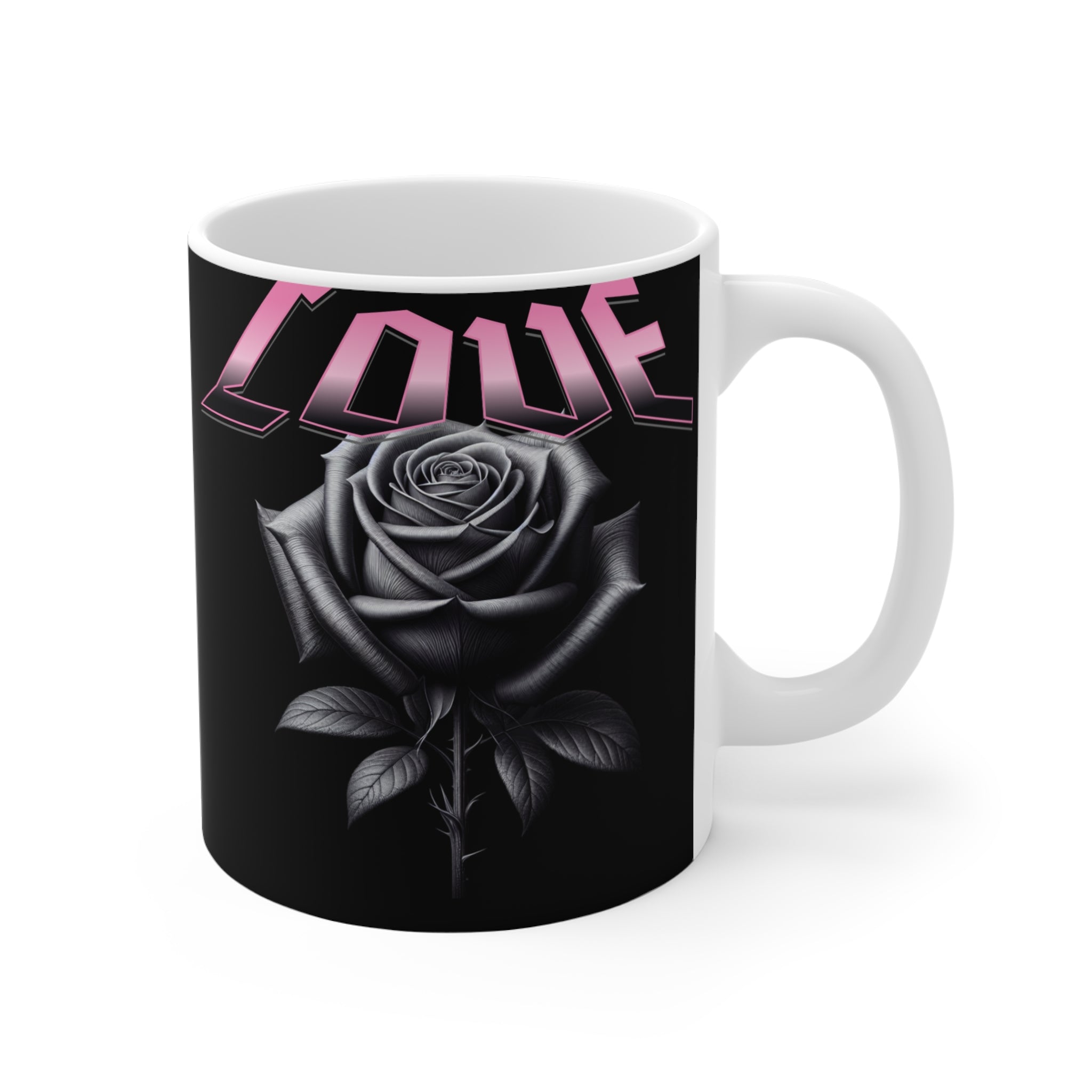 Love Rose Mug — Gothic Pink Script 11oz Coffee Cup