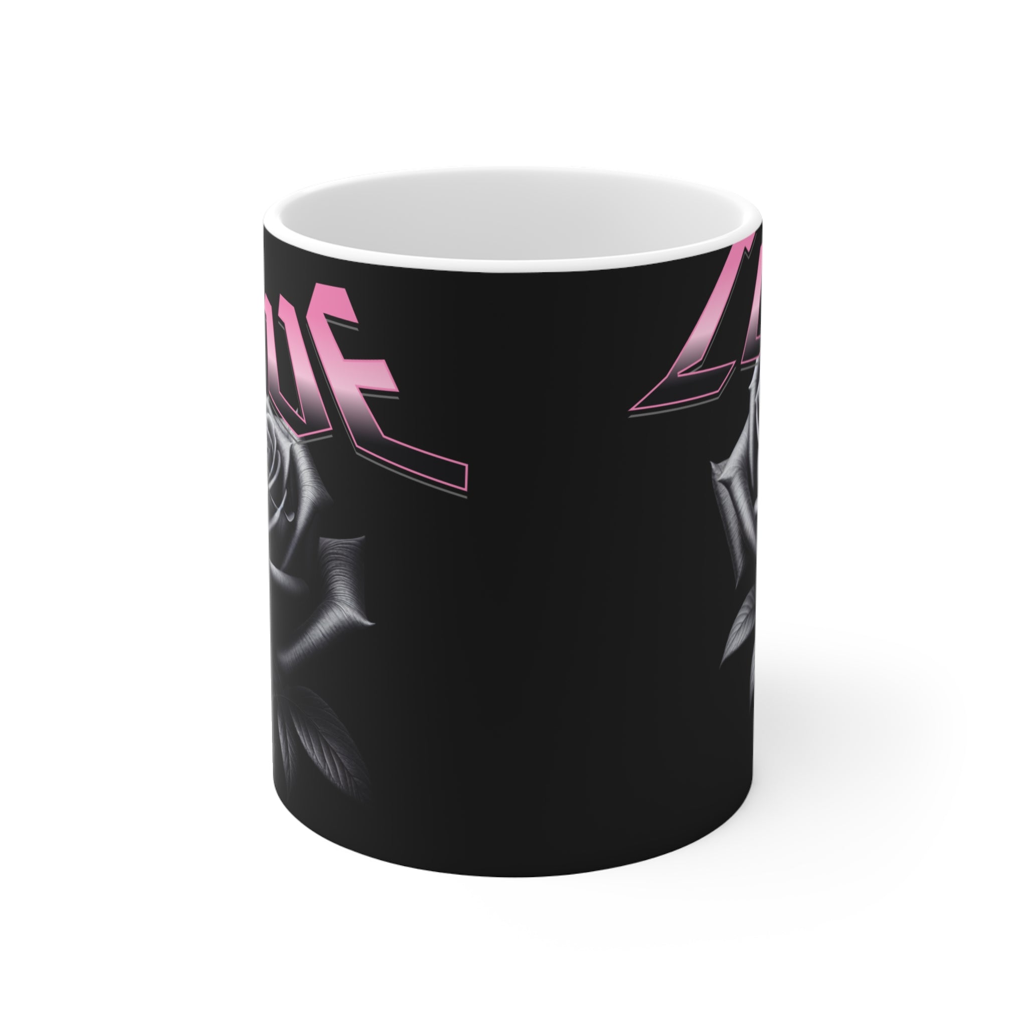 Love Rose Mug — Gothic Pink Script 11oz Coffee Cup