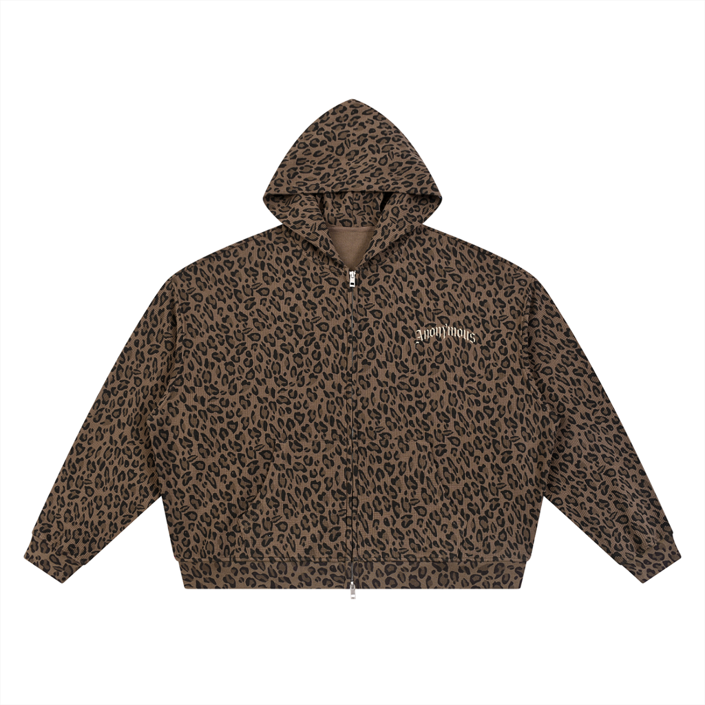 Unisex Leopard Print Waffle Full Zip Hoodie